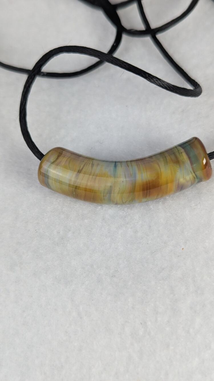 Handmade fused glass bead ond satin rattail 24"cord curved 48mm for 3mm cord
